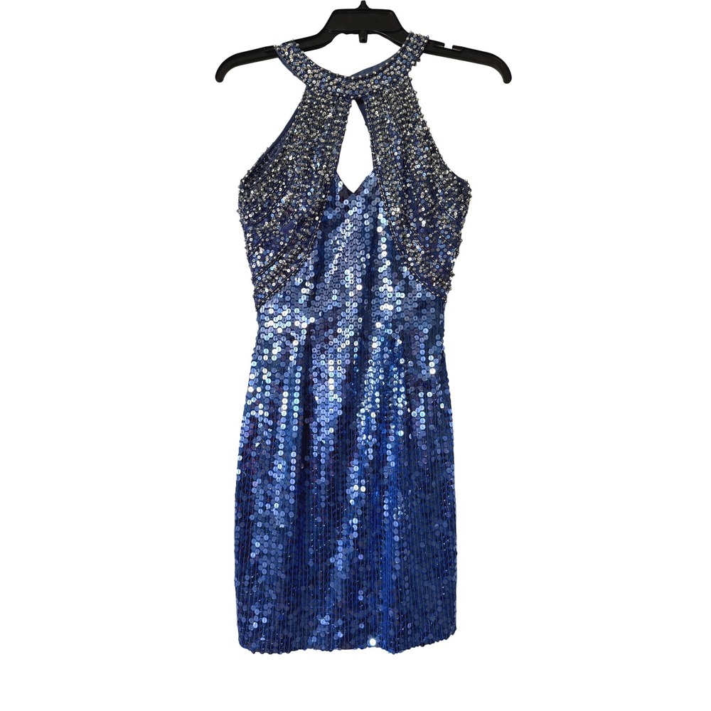 Niteline Vintage Blue Sequin Halter Mini Dress Silk Beaded Cocktail Womens 10